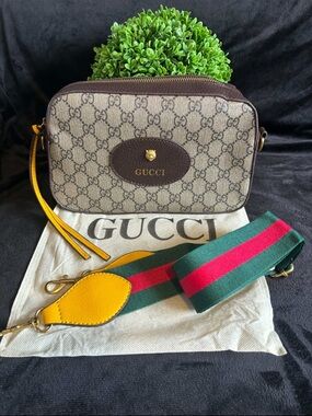 Brown GG Supreme Canvas Crossbody Bag with Yellow Strap